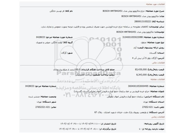 مزایده، ماکروویو بوش مدل BOSCH HMT84G451