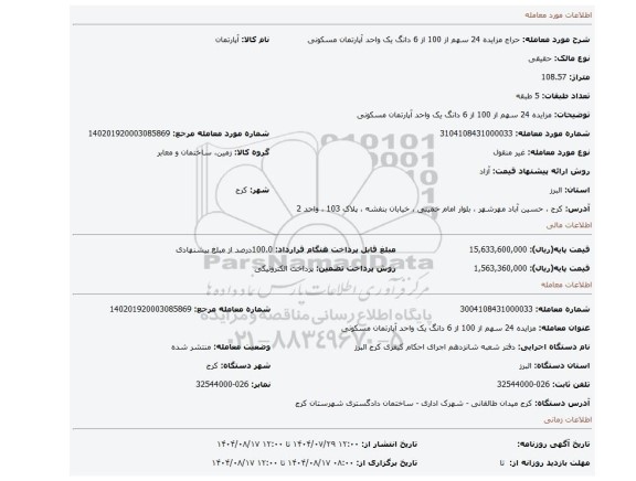 مزایده، مزایده 24 سهم از 100 از 6 دانگ یک واحد آپارتمان مسکونی