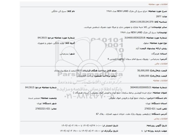 مزایده، سرخ کن مارک NEW LAND مدل ۲۹۷۷