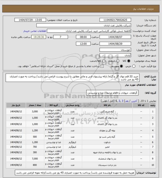 استعلام خرید 22 قلم نهال گل و گیاه/ ارائه پیشنهاد فنی و مالی مطابق با شرح پیوست الزامی می باشد/ پرداخت به صورت اعتباری 45 روز می باشد
