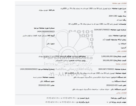 مزایده،  اتومبیل زانتیا SX مدل 1383 نقره ای به شماره پلاک 76 س 859ایران 64