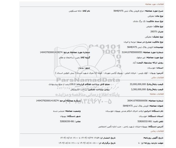 مزایده، فروش پلاک ثبتی 5648/475