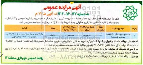 مزایده خانه کودک و خلاقیت (2 اتاق) مجموعه شهربانو 1