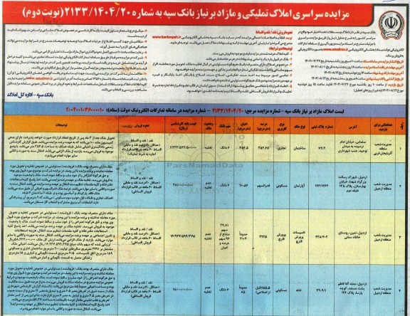 مزایده سراسری املاک تملیکی و مازاد نوبت دوم