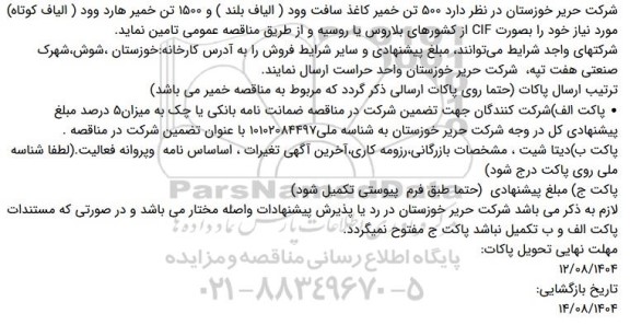 مناقصه 500 تن خمیر کاغذ سافت وود (الیاف بلند) و 1500 تن خمیر هارد وود (الیاف کوتاه)...