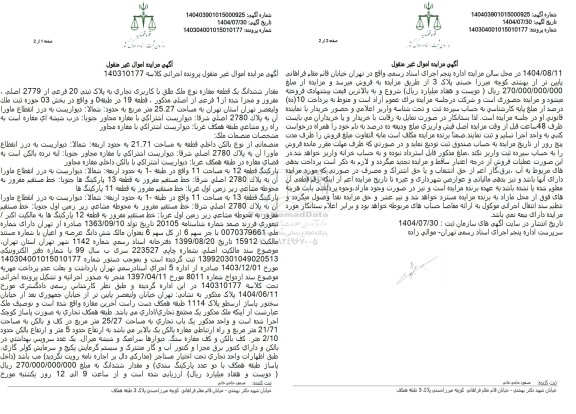 مزایده مقدار ششدانگ یک قطعه مغازه نوع ملک طلق با کاربری تجاری به پلاک ثبتی 20 فرعی از 2779 اصلی 