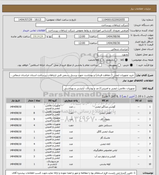 استعلام خرید تجهیزات ایمنی ( حفاظت فردی) و بهداشت جهت پرسنل رسمی فنی ارتباطات زیرساخت استان خراسان شمالی .
