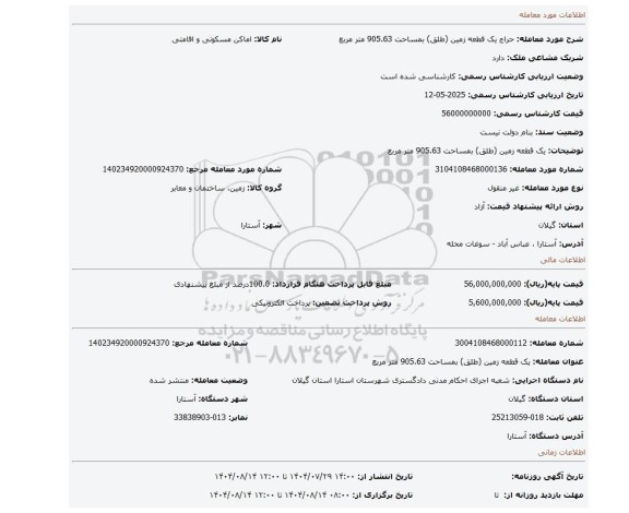 مزایده، یک قطعه زمین (طلق) بمساحت 905.63 متر مربع