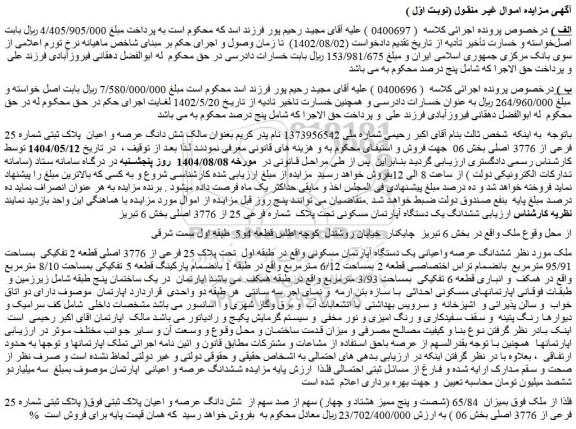 مزایده ششدانگ عرصه واعیانی یک دستگاه آپارتمان مسکونی