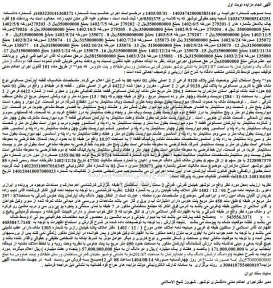 مزایده یک قطعه آپارتمان مسکونی نوع ملک طلق با کاربری مسکونی به پلاک ثبتی 9120 فرعی از 2 اصلی ، مفروز و مجزا شده از4422 فرعی از اصلی 