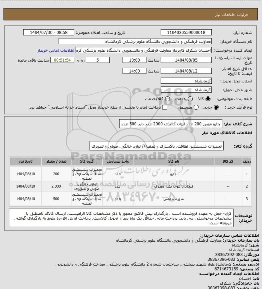 استعلام جارو مویی 200 عدد
لیوان کاغذی 2000 عدد
تاید 500 عدد