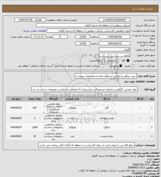 استعلام خرید تیرآهن و ناودانی و میلگرد.تعداد و مشخصات پیوست
