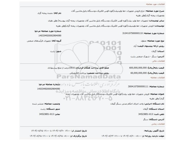 مزایده، فروش تجهیزات خط تولیدبیلت(کوره قوس الکتریک،دودستگاه پاتیل،ماشین آلات وتجهیزات ریخته گری)وفق نظریه