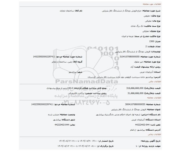مزایده، فروش دودانگ از ششدانگ تالار پذیرایی