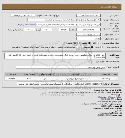 استعلام حمل 5000 تن مصالح شکسته از محل سنگ شکن شهرستان خاش به روستای ترشاب به فاصله حمل 50 کیلومتر (طبق فایل پیوست)