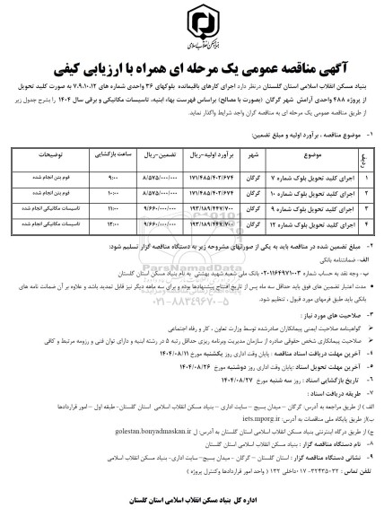 مناقصه عمومی اجرای کارهای باقیمانده بلوکهای 36 واحدی...