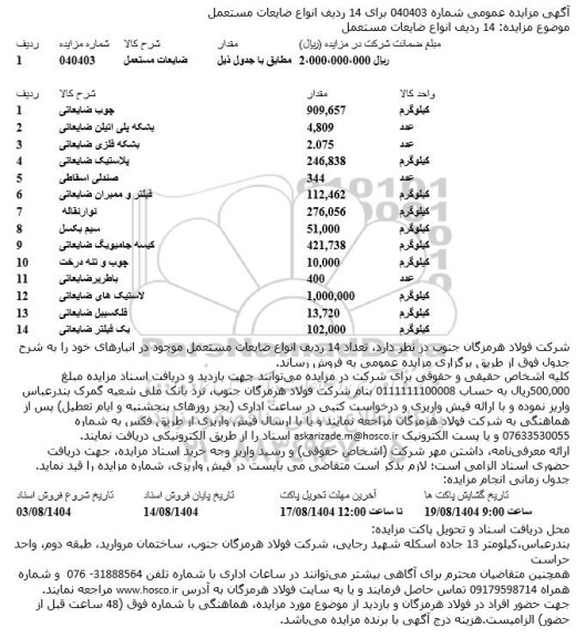 مزایده 14 ردیف انواع ضایعات مستعمل 