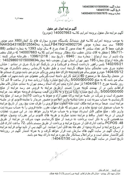 مزایده ششدانگ یکدستگاه خودرو سواری هاچ بک لیفان X60 