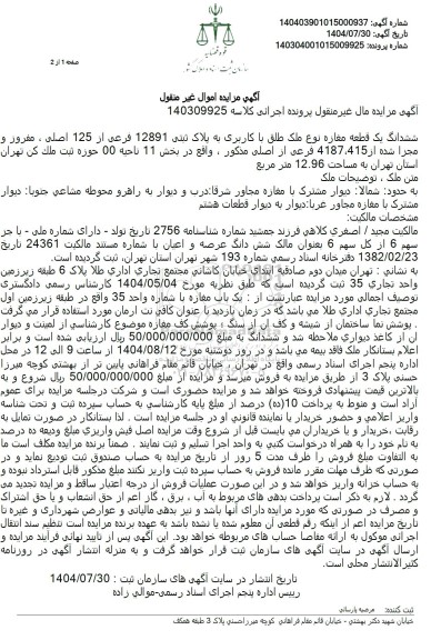 مزایده ششدانگ یک قطعه مغازه نوع ملک طلق با کاربری به پلاک ثبتی 12891 فرعی از 125 اصلی 