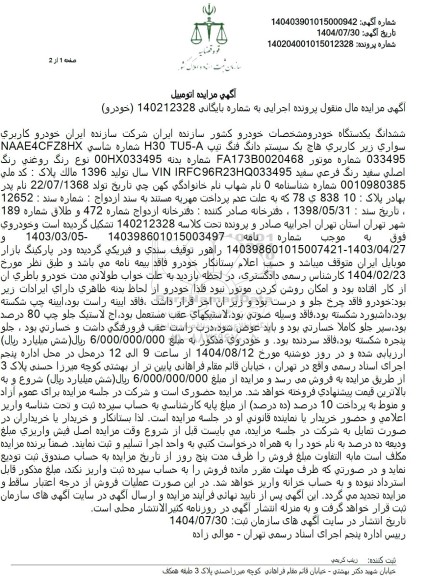 مزایده ششدانگ یکدستگاه خودرو هاچ بک سیستم دانگ فنگ تیپ H30 TU5 