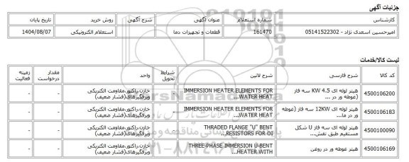 استعلام الکترونیکی، قطعات و تجهیزات دما