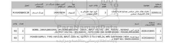 استعلام باطری های خاص صنعتی ومنابع تغذیه والمان های الکترونیک صنعتی