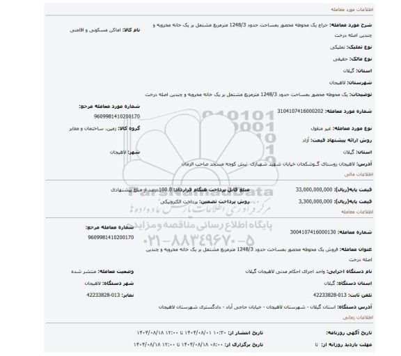 مزایده،  یک محوطه محصور بمساحت حدود 1248/3 مترمربع مشتمل بر یک خانه مخروبه و چندین اصله درخت