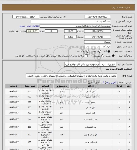 استعلام کابل برق، سیم سفید دولایه، پریز توکار، کلید توکار و غیره