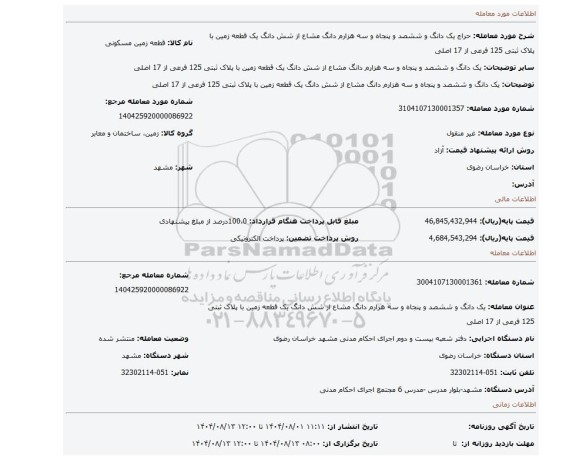 مزایده، یک دانگ و ششصد و پنجاه و سه هزارم دانگ مشاع از شش دانگ یک قطعه زمین با پلاک ثبتی 125 فرعی از 17 اصلی