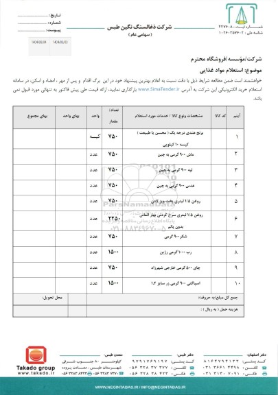  استعلام مواد غذایی