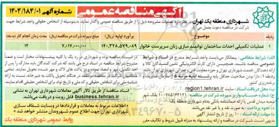 مناقصه​ عملیات تکمیلی احداث ساختمان توانمندسازی زنان