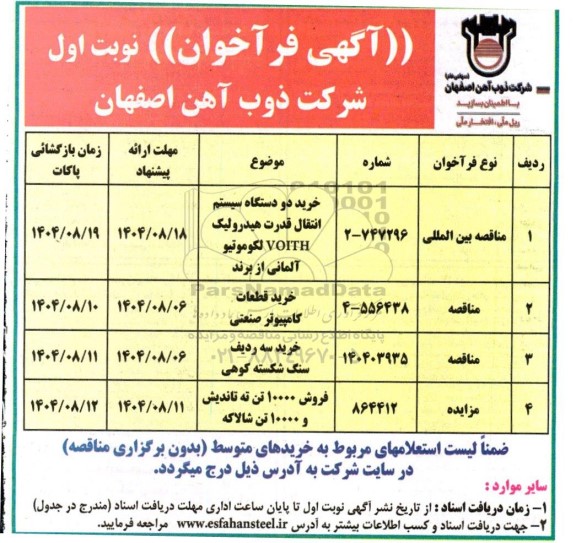 فراخوان مناقصه و مزایده فروش 10000 تن ته تاندیش و 10000 تن شالاکه 