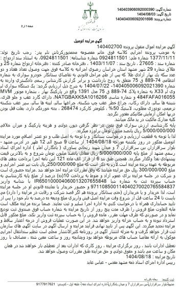 مزایده  یک دستگاه سواری ام وی ام X33