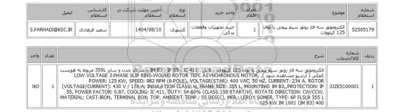 استعلام الکتروموتور سه فاز روتور سیم پیچی با توان 125 کیلووات