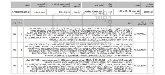 استعلام الکتروموتور 30  و 22 و 18.5 کیلووات -