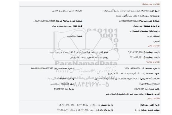 مزایده، سهم الارث از ملک بشرح آگهی مزایده