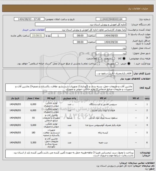 استعلام اقلام یکبارمصرف ازقبیل:سلفون و...