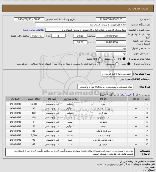استعلام اقلام مورد نیاز ازقبیل:برنج و...