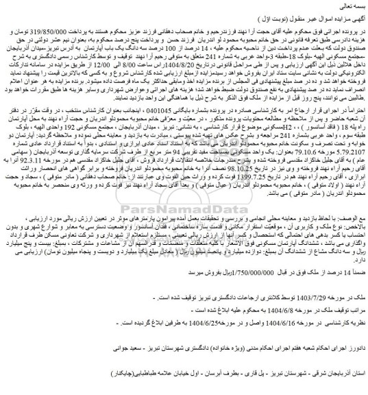 مزایده 14 درصد از 100 درصد سه دانگ یک باب آپارتمان