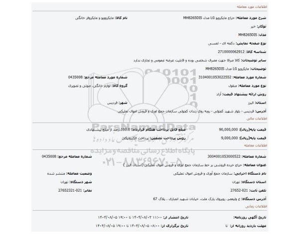 مزایده، مایکرویو LG مدل MH8265DIS