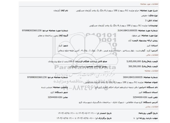 مزایده، مزایده 9.1 سهم از 100 سهم از 6 دانگ یک واحد آپارتمان مسکونی