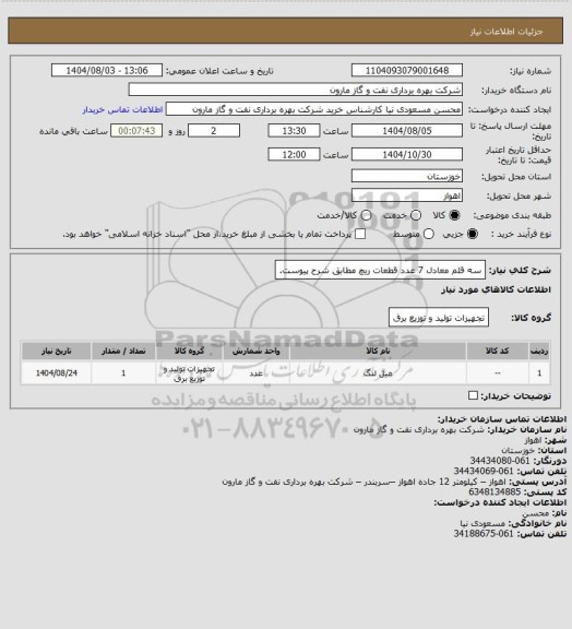 استعلام سه قلم معادل 7 عدد قطعات  ریچ مطابق شرح پیوست.