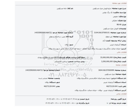 مزایده، فروش منزل مسکونی