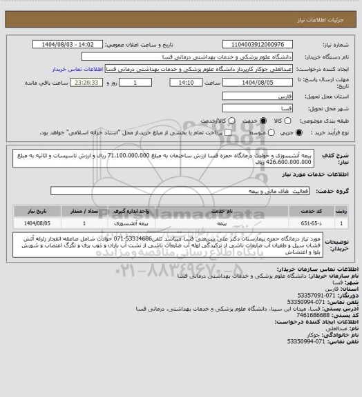 استعلام بیمه آتشسوزی و حوادث درمانگاه حمزه فسا 
ارزش ساختمان به مبلغ 71،100،000،000 ریال و ارزش تاسیسات و اثاثیه به مبلغ 426،600،000،000 ریال