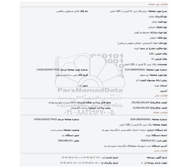 مزایده، پلاک ثبتی 31 فرعی از 1281 اصلی
