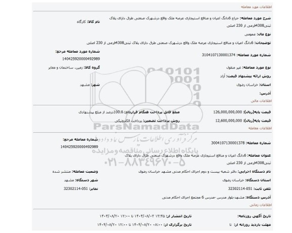 مزایده، 6دانگ اعیان و منافع استیجاری عرصه ملک واقع درشهرک صنعتی طرق دارای پلاک ثبتی4308فرعی از 230 اصلی