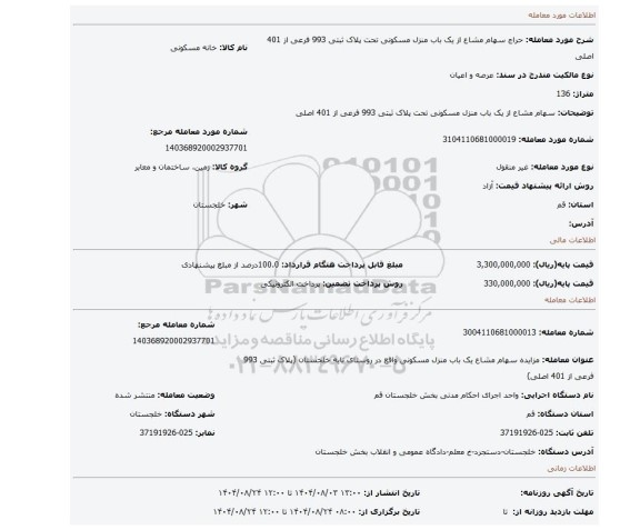 مزایده، سهام مشاع از یک باب منزل مسکونی تحت پلاک ثبتی 993 فرعی از 401 اصلی