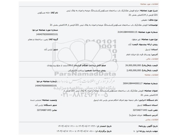 مزایده، فروش ملک(یک باب ساختمان مسکونی)ششدانگ عرصه و اعیان به پلاک ثبتی 221 فرعی از 114اصلی بخش 21