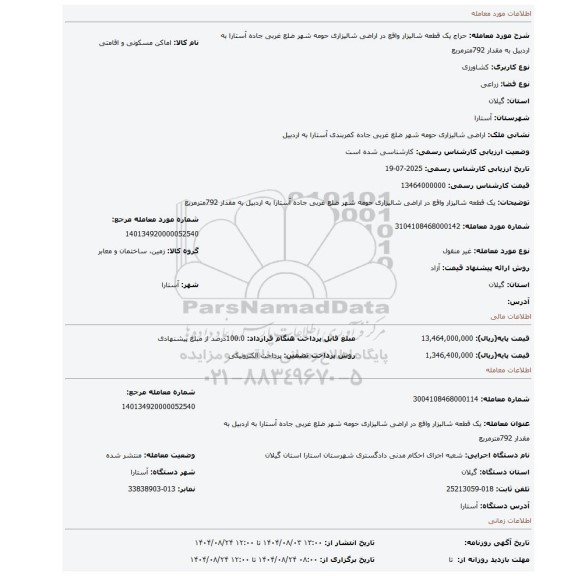 مزایده، یک قطعه شالیزار واقع در اراضی شالیزاری حومه شهر ضلع غربی جاده آستارا به اردبیل به مقدار 792مترمربع