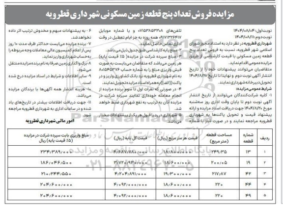 مزایده فروش تعداد پنج قطعه زمین مسکونی